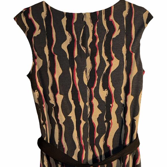 Trina Turk Abstract Print Belted Sheath Dress Size 2 Brown Tan Black Cap Sleeve - Picture 4 of 8